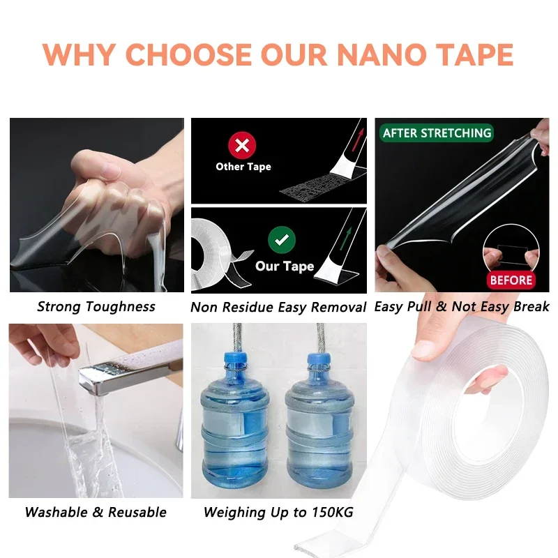 Double Sided Nano Tape Extra Strong Decorative Adhesive Tape NoTrace Reusable Transparent Waterproof Tape Useful Things For Home