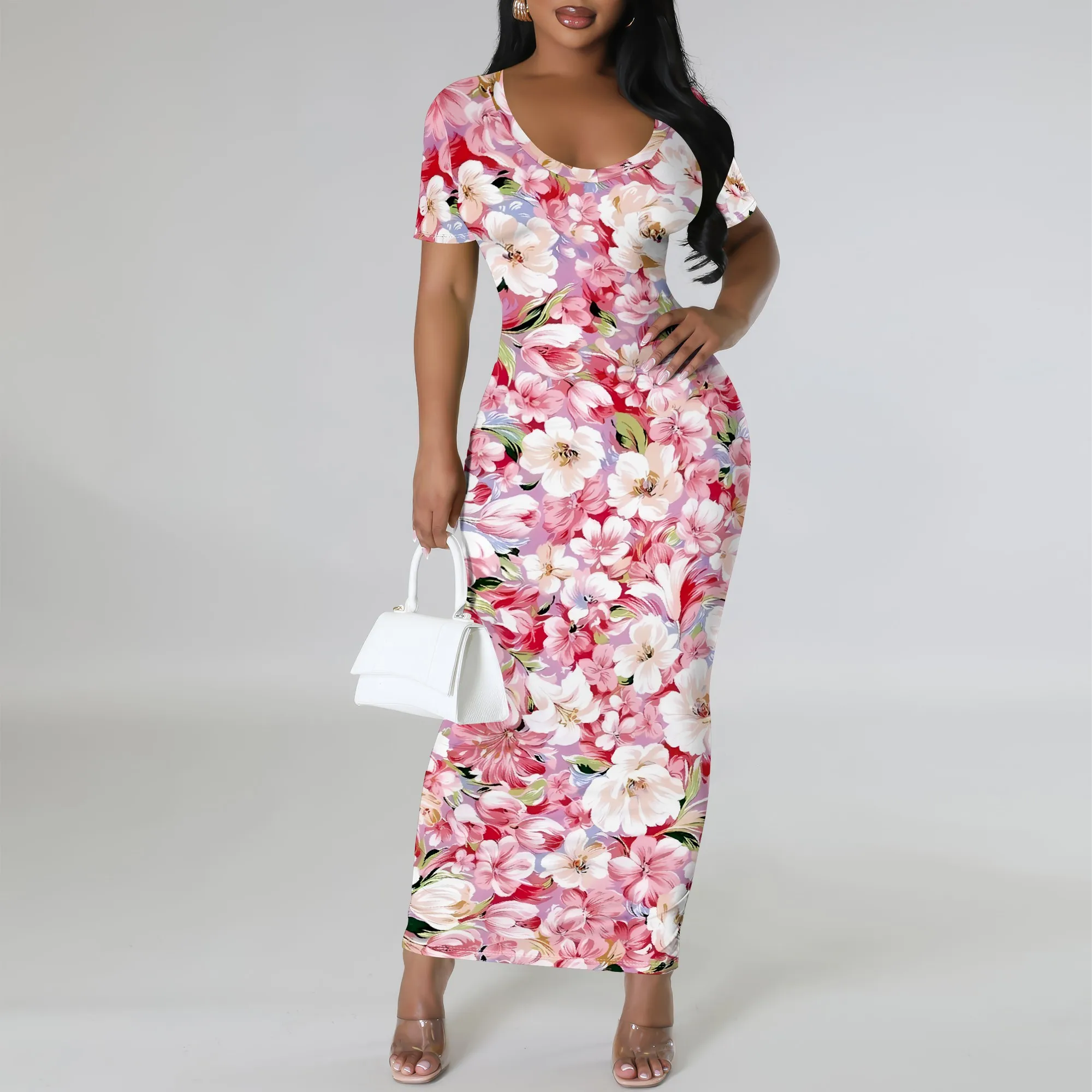 

Nupusa Standard Size Maxi Dress Short Sleeve Pink Floral Print Dress