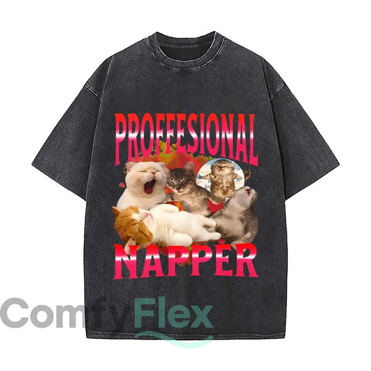 Proffesional Napper Sleepy Cats Funny Graphic Vintage Distressed Loose Streetwear Tops for Campus Days