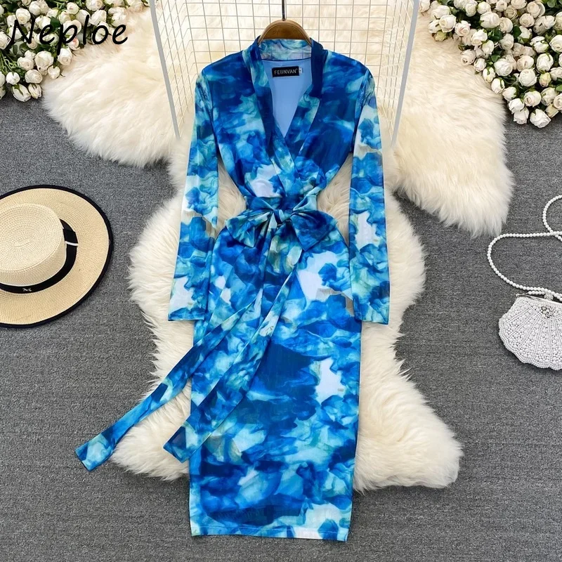 Neploe Spring 2024 New Long Sleeve Dress for Women V-neck Printed Vestido De Mujer Bow Bandage High Waist Ladies Dresses Female