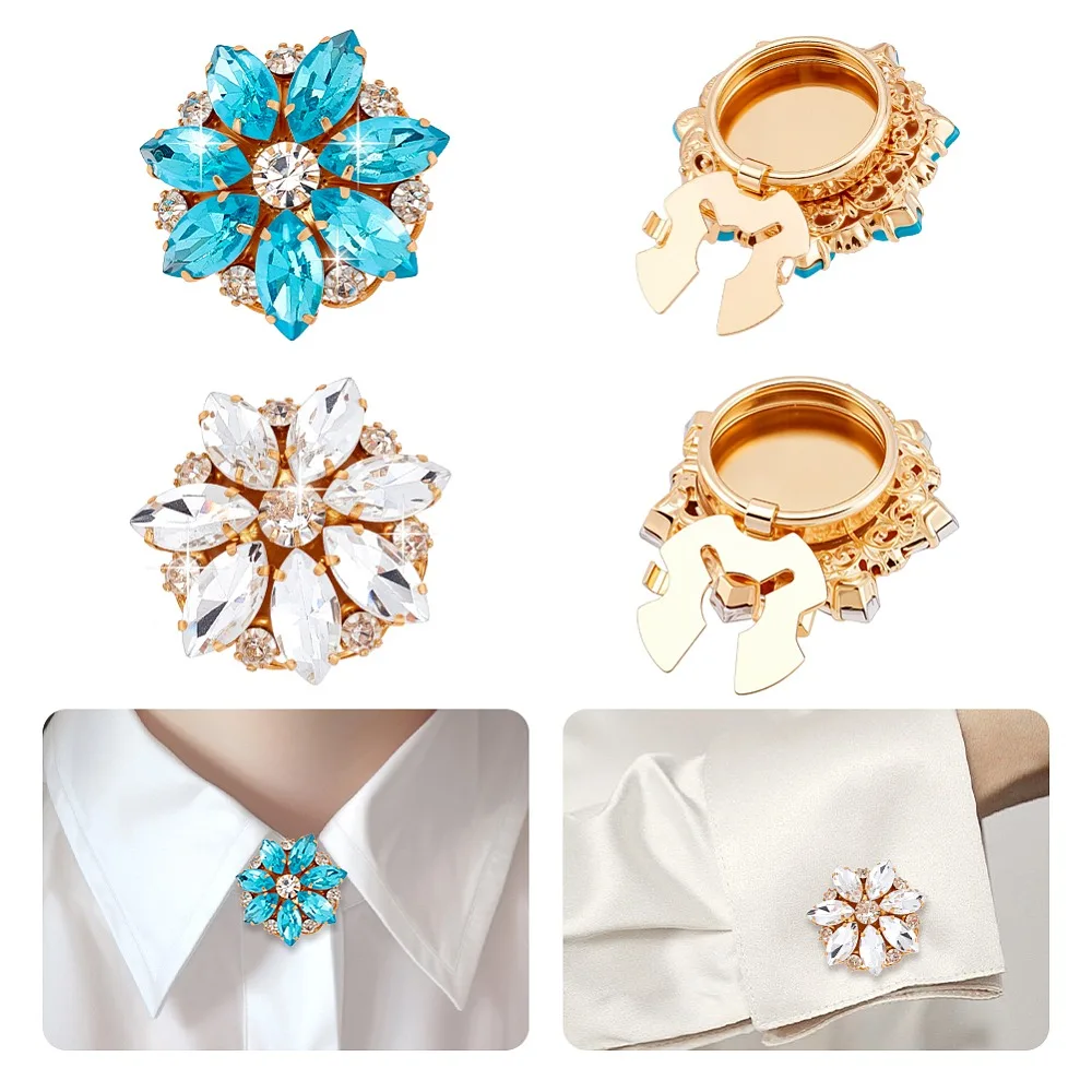 

4Pcs 2 Colors Alloy Rhinestone Cufflinks Golden Flower Dark Turquoise 28mm 2pcs/color