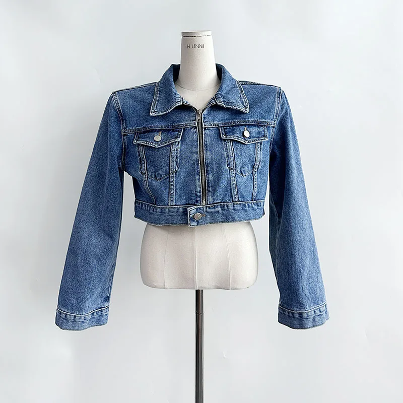 Jaket Denim lengan panjang kerah lipat mantel Denim longgar Single Breasted saku Solid Veste Femme Korea Chic Zip semua cocok