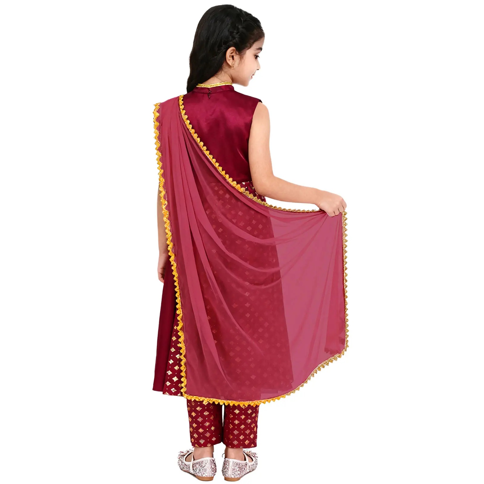 Kids Girls Indian Traditional Ethnic Costume Metallic Floral Print Dress with Pants Scarf Readymade India Ramadan Salwar Suit