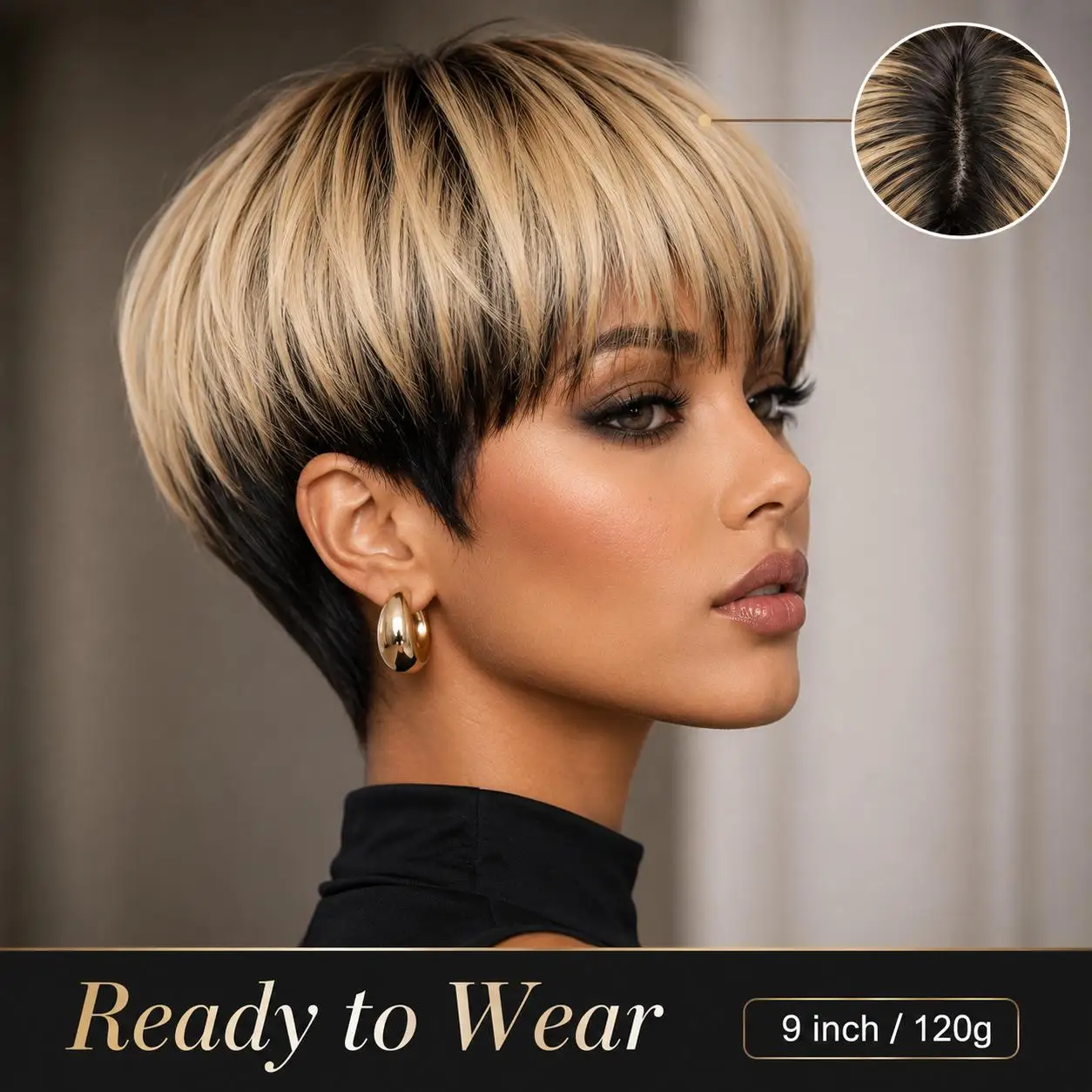10-inch gradient gold black short wavy wig, gradient platinum silver synthetic hair strands, fashionable no-lace no-glue wig