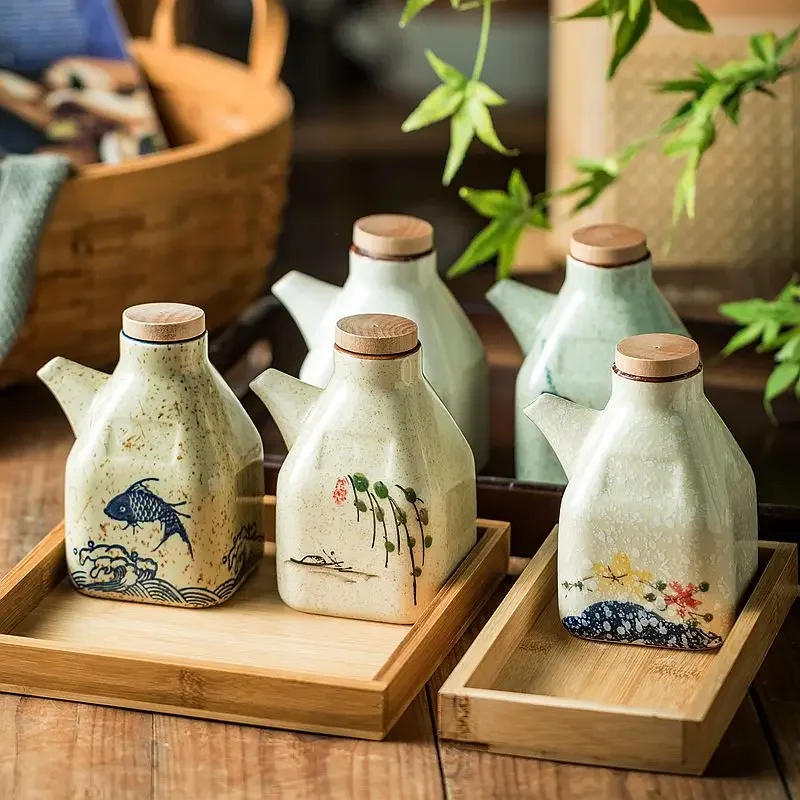 Retro Japanese Style Vinegar Dispenser Ceramic Soy Sauce Dispenser Kitchen Cooking Oil Olive Oil and Vinegar Seasoning Bottle