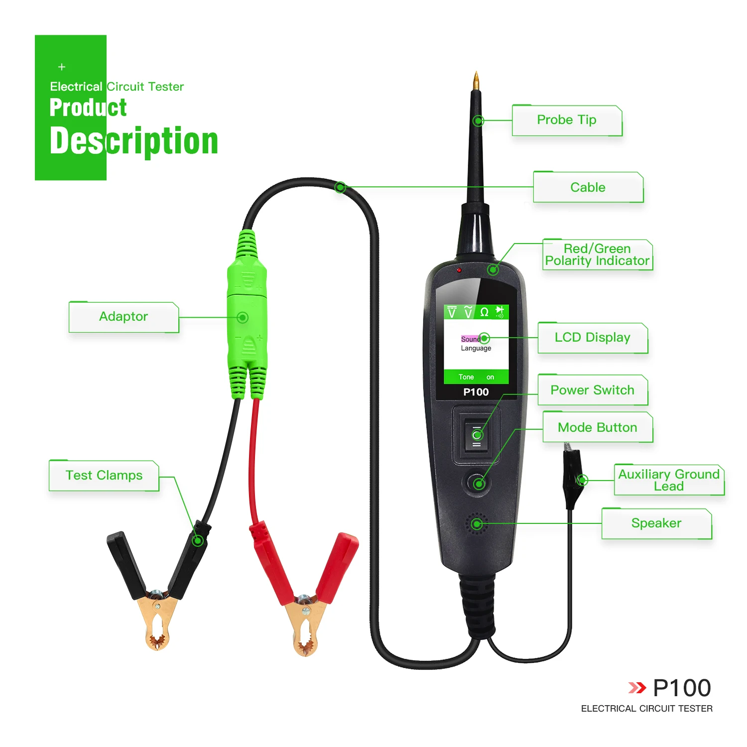 TopDiag P100 10m Car Electrical Circuit Tester Automotive Power Scan Probe Circuit Kit 12V 24V Battery Tester Diagnostic Tool