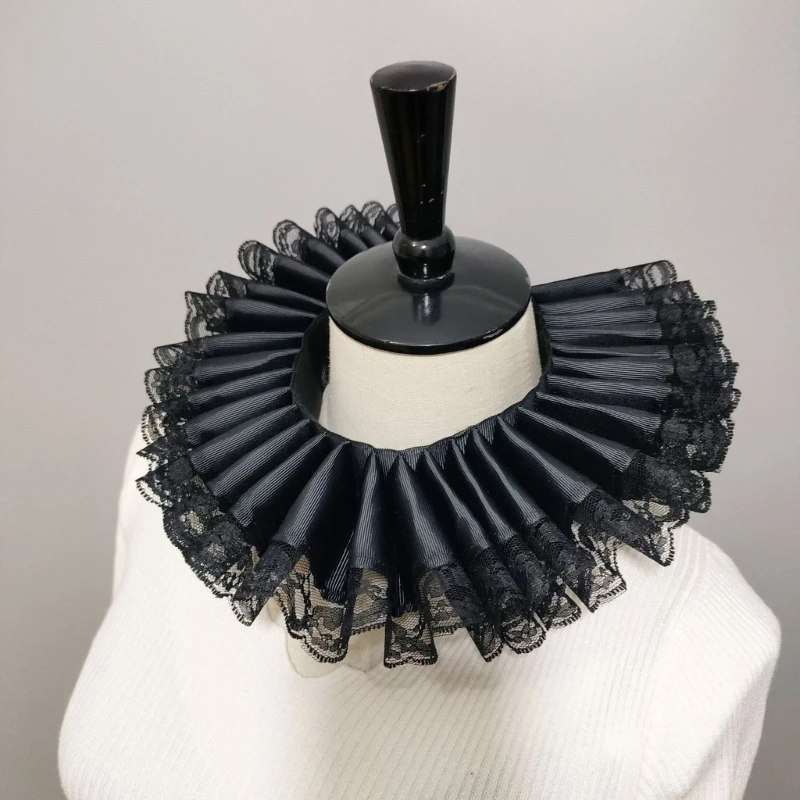 Women Elizabethan Neck Collar Lace Trim Ruffle False Collar Necklace