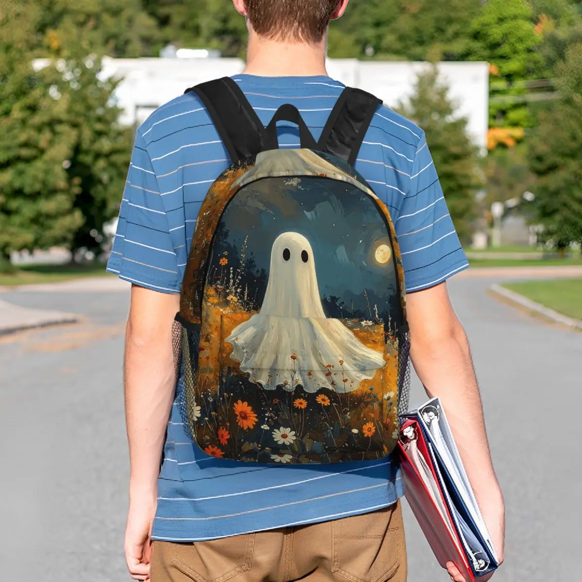 Cute Ghost Surrounded By Wild Flowers Backpack Student BookBag Children School Bag Laptop Shoulder Bags for Boys Girls