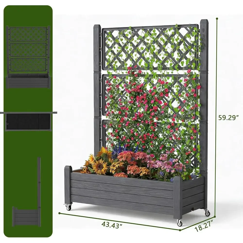 21 Gallon Elevated Garden Bed with Trellis, Self-Watering Resin Planter Box, Lockable Wheels, Drain Plug & Water Monitor for Fru