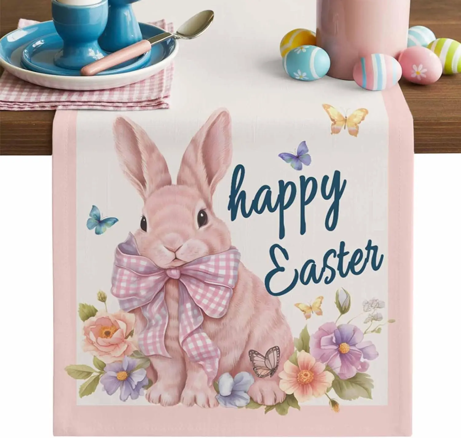 

Льняная скатерть-дорожка с пасхальным кроликом, цветами и бабочками для декора стола, многоразовая, для кухни и столовой, весенний декор, пасхальные украшения