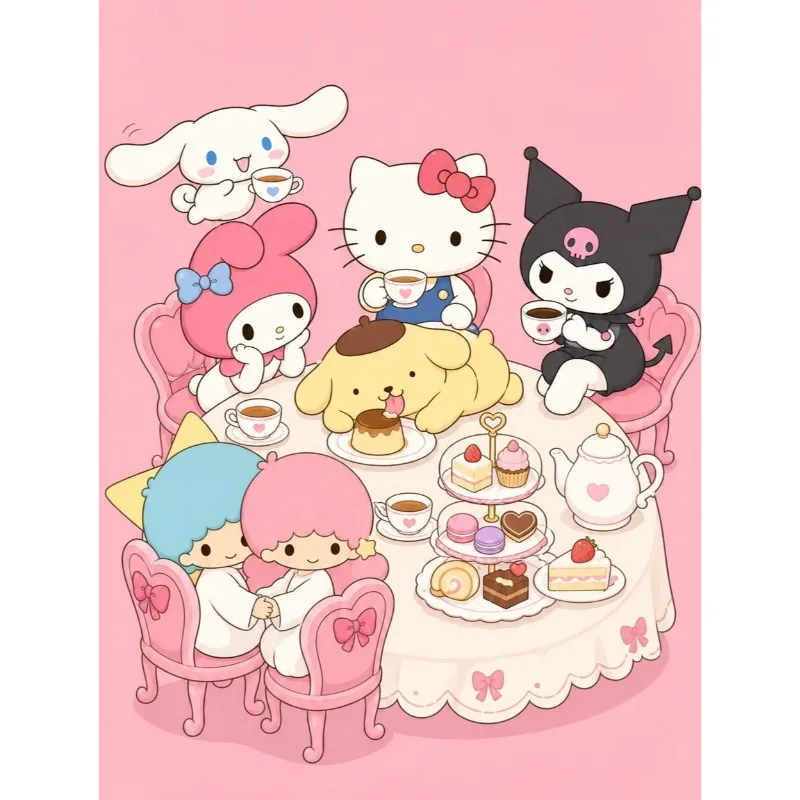 Full Square Diamond,No Frame2D Flat Printing 1pc Frameless DIY Diamond Painting, Sanrio Afternoon Tea Party Diamond Painting S