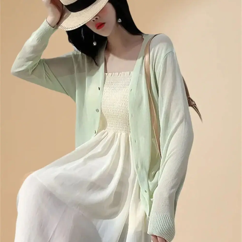 Spring Summer Comfortable Casual Blouses white knitted cardigan 2024 Women\'s Clothing Solid V-neck Elegant Fashion Button Loose