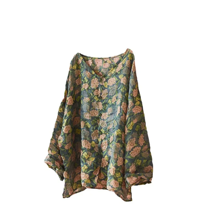 Women Natural Fabric Ramie Blouses Long Sleeves Printed Thin And Light Tops And Cardigans Vintage Camisa Feminina Plus Size