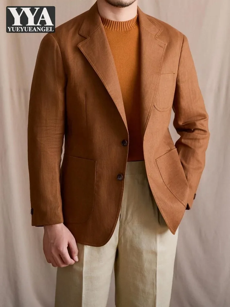 Fashion Men Summer Breathable Single Breasted Two Button Linen Blazers Slim Fit Business Casual Gentleman Suit Jacket Outerwear