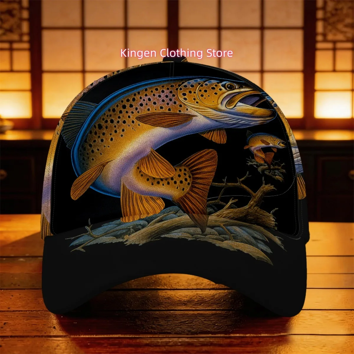 1pc Brown Trout Fishing Cap with Realistic Fly - Lightweight Retro Full Print Trout Illustration, 5-Panel Visor, Suitable for Hi