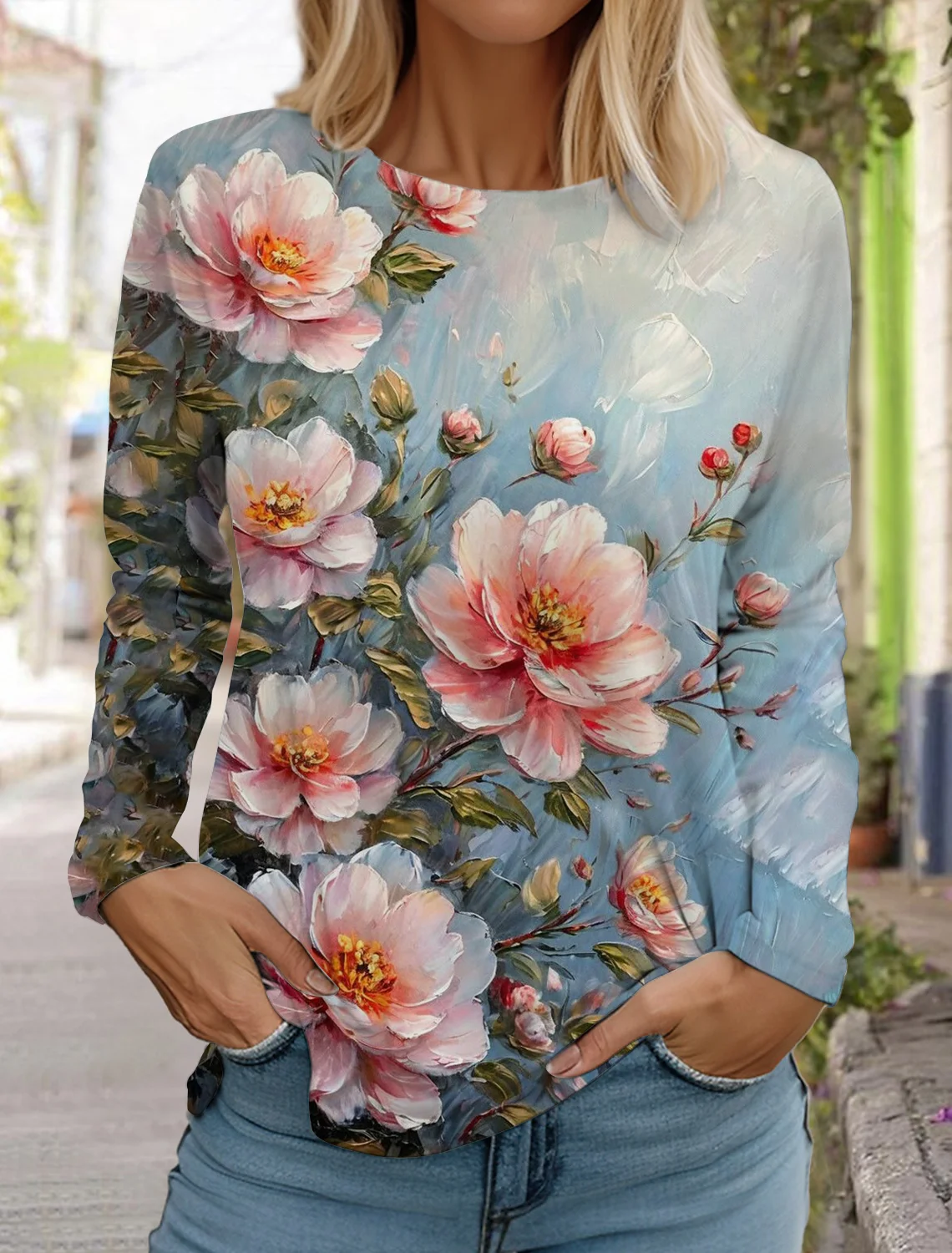

Женская футболка с 3d принтом цветов, модные топы с длинными рукавами и круглым вырезом, обычные топы для отдыха, выходных, синяя весенне-осенняя одежда