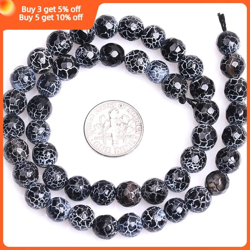 Natural Stone Frost Cracked Dream Fire Dragon Veins Black Faceted Agates Beads For Jewelry Making 15 inch Fashion Jewelry Bead