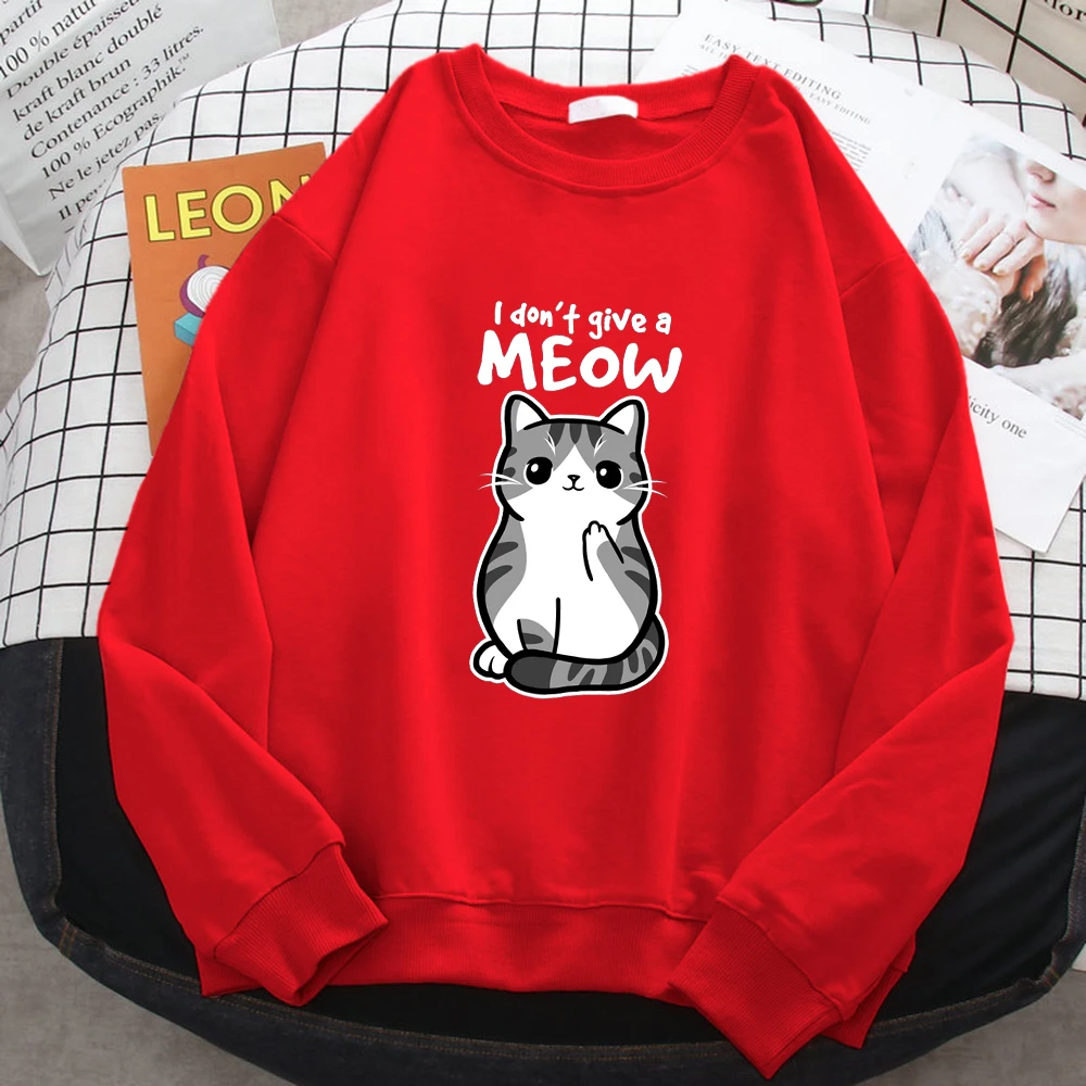 Simple Autumn Womens Sweatshirt I Don\'T Give A Meow Funny Cat Cartoon Animalmale Print Hoody Fleece Pullovers Loose Warm Tops