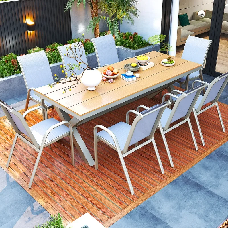 Outdoor Plastic Wood Table and Chair Set Waterproof Sun Resistant Anti Corrosion Rust Proof Furniture for Courtyard Balcony
