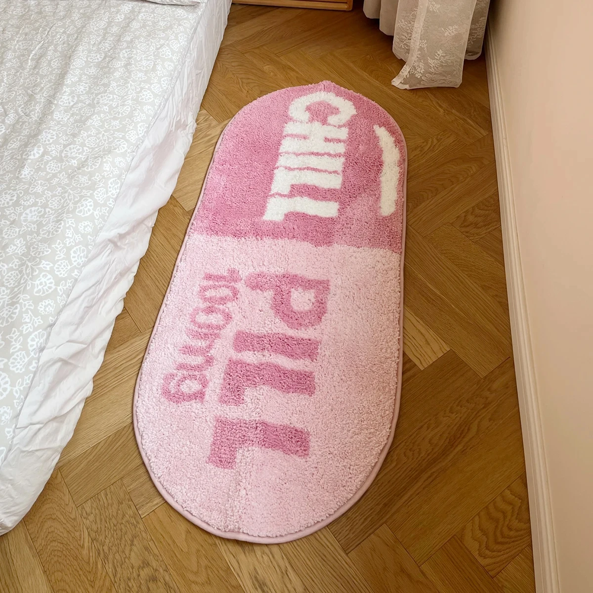 Pink and Blue Chill Pill Flocking Rug Oval Tufted Rug Bath Mat Door Floor Mat Home Decor Carpet Camping Mat Waterproof Anti-Slip