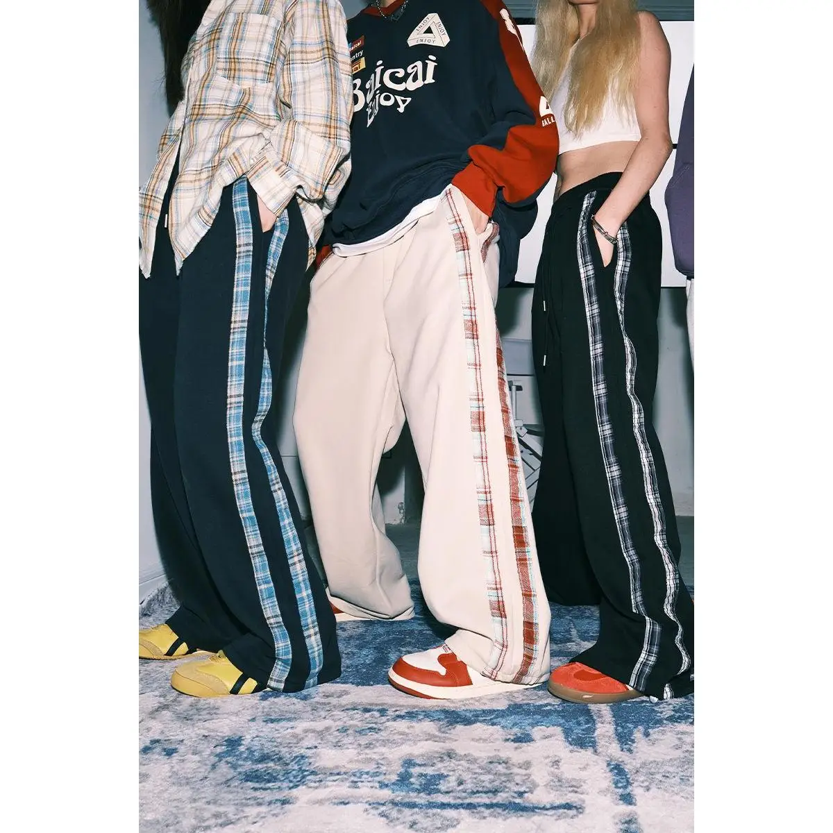 

American Retro Plaid Splicing Drape Sports Sweatpants Men's Street Versatile Loose Straight Leg Wide Leg Casual Pants