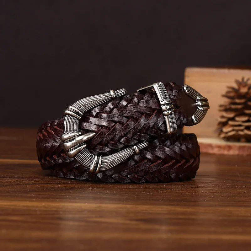 2026 Luxur Women's Belt Cowhide Genuine Leather for Women Hand Knitting Pin Buckle Belt Retro All-match Casual Jeans Soft Belt