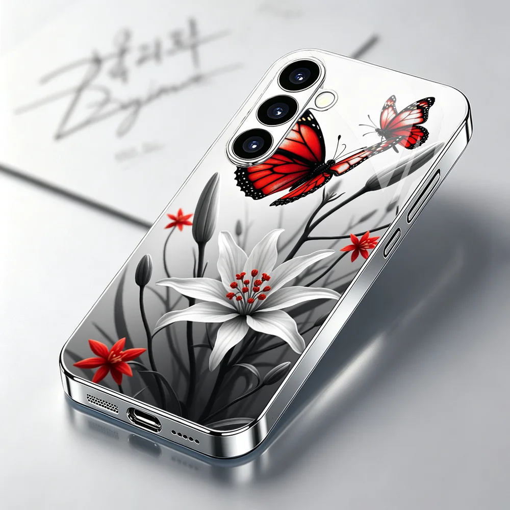 Orchid Red Spot Butterfly Tempered Glass Fashion phone case for Samsung Galaxy S26/S25/S24/S23/S22/S21 FE Ultra Plus Shockproof