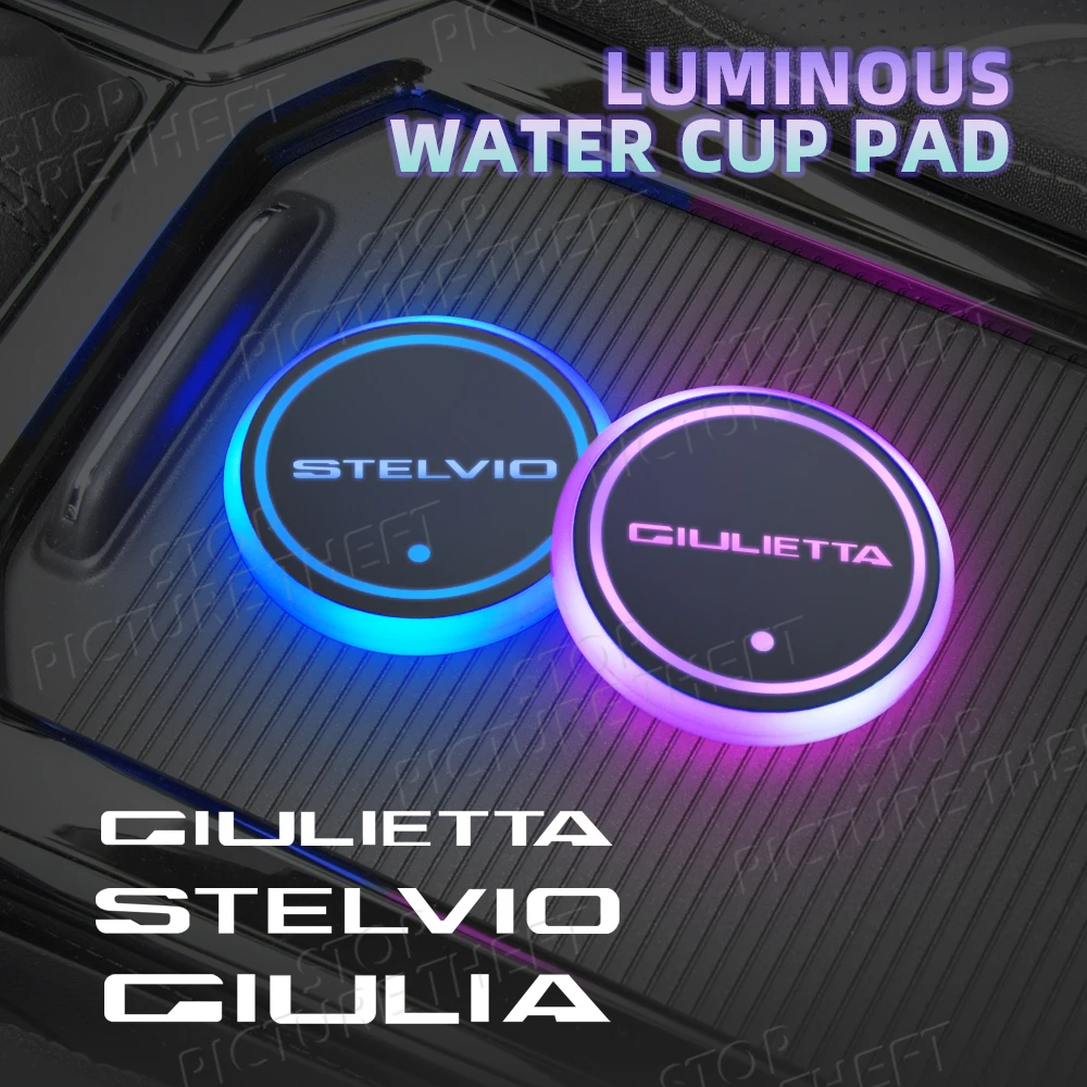 For Alfa Romeo Giulietta Giulia Stelvio Logo VELOCE MTO TI Emblem Led Car Water Cup Mat Drink Holder Auto Interior Decorative