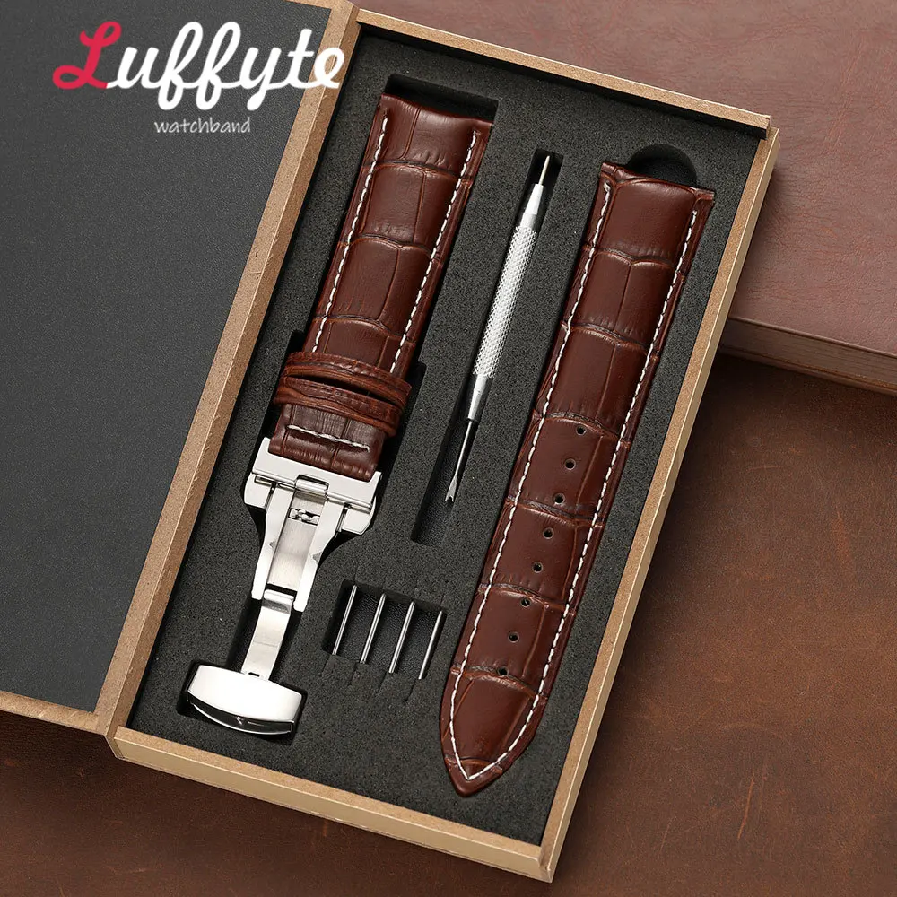 Geprägtes Leder-Uhrenarmband für Herren, 18 mm, 19 mm, 20 mm, 21 mm, 22 mm, 24 mm, mit Schmetterlingsverschluss, in Geschenkbox verpackt, Business-Armband