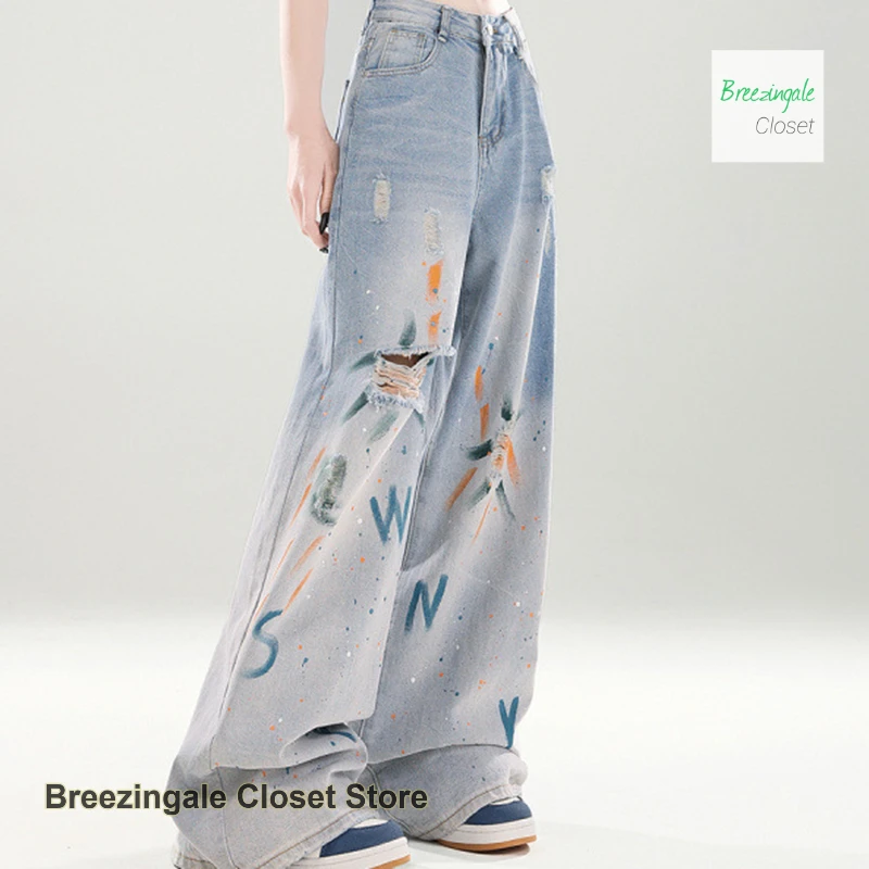 Korean style blue wide-leg jeans female summer new fashion temperament hole design spice girls loose drape straight pants.