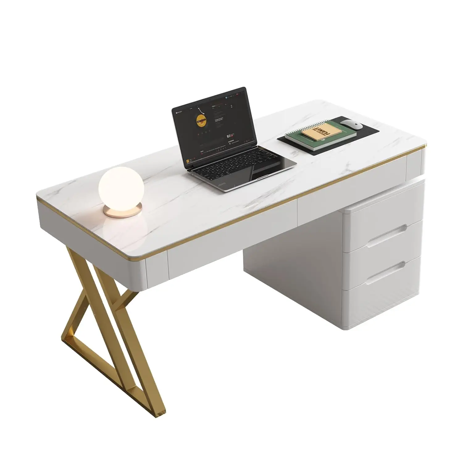 Wooden Desk 5 Drawers Glass Top, Modern Office Table Gold X-Legs Movable Cabinet, White Gaming Workstation Bedroom, Customized