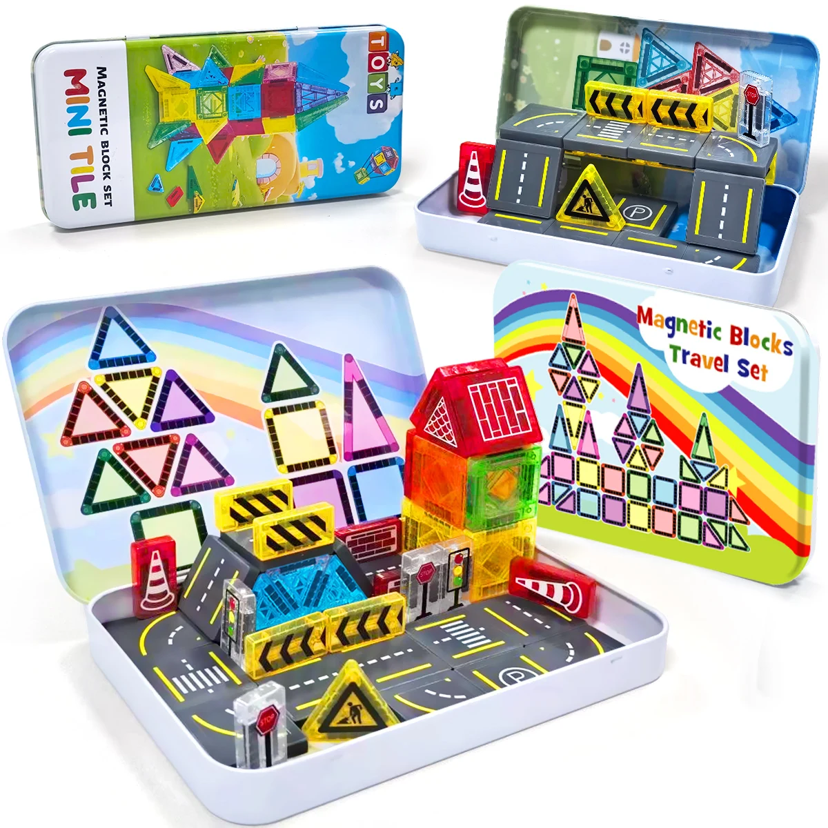مجموعة ألعاب بناء الطرق المغناطيسية للأطفال هدية مكعبات بناء مغناطيسية ألعاب تعليمية مونتيسوري 32/65/58 قطعة مع صندوق حديد