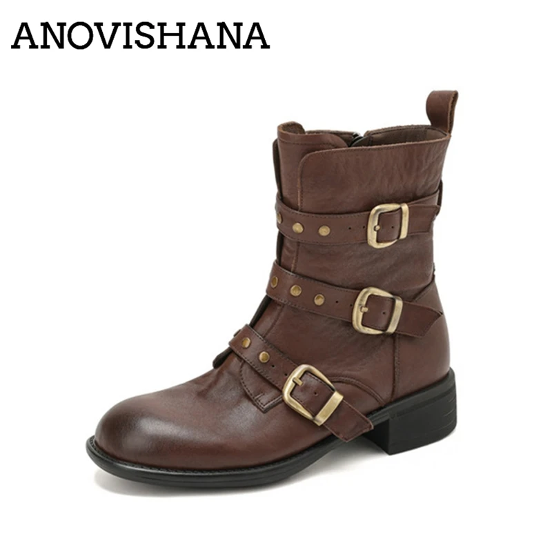 ANOVISHANA Retro Top Cow Genuine Leather Women Midcalf Boots Soft Round Toe 4cm Chunky Heel Zip Breathable Black Brown 40