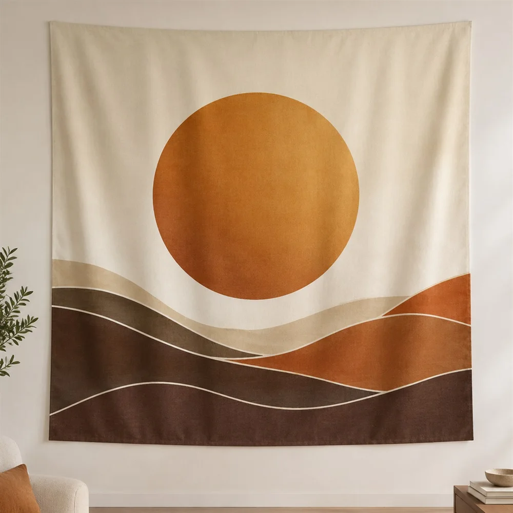VIKAMA Single Focal Circle Layered Bands Tapestry Wall Hanging, Modern Wall Art Tapestries for Study Living Room Bedroom Office