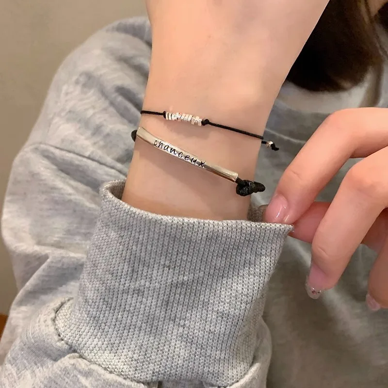 

PANJBJ 925 Sterling Silver Black Bracelet for Women Girl Oil Wax Rope Geometry Lucky Letter Couple Jewelry Dropshipping