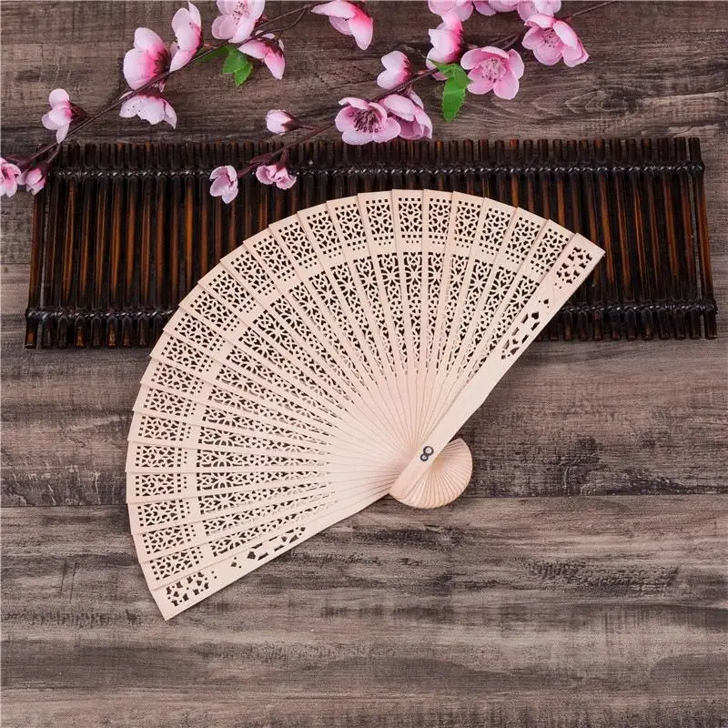 Natural Wood Handheld Folding Fan Delicate Hollow Carved Design for Wedding Party Home Ornament Photo Prop
