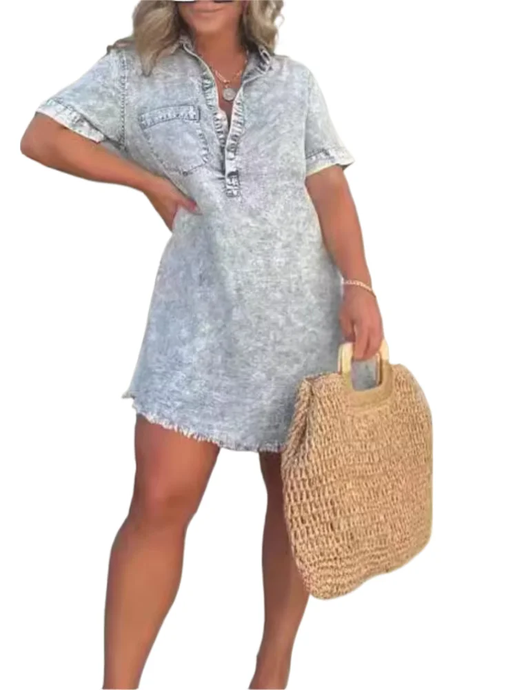 

Summer Casual Denim Dress New Fashion Elegant V Neck Short Sleeve Solid Beach Party Holiday Mini Dresses For Women Robe Femme