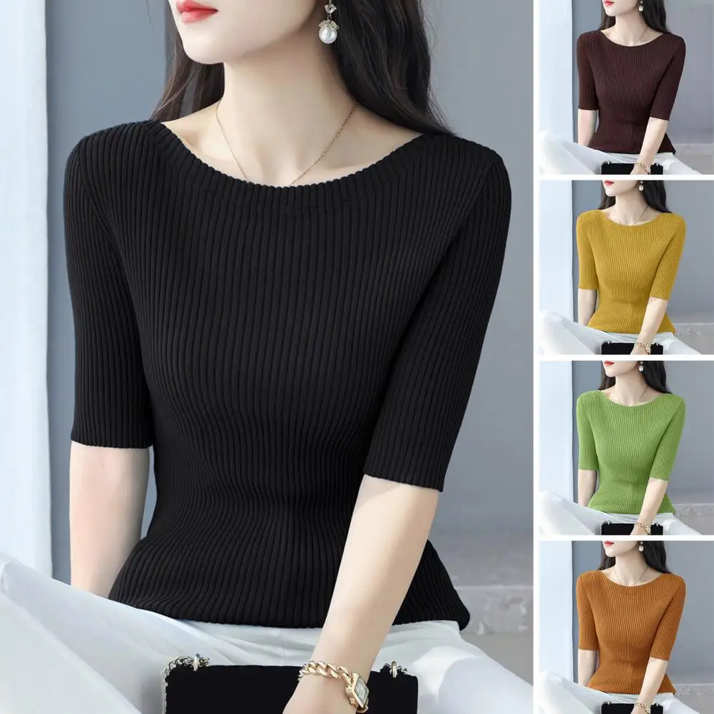 

Solid Color Tee Stylish Ribbed Half Sleeve Tops for Women Slim Fit Solid Color Round Neck T-shirts Elastic Pullover for Wear