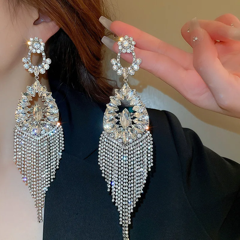 Exaggerated Rhinestone Flower Drop Earrings for Women Personality Hollow Long Earrings Fashion European and American Jewelry