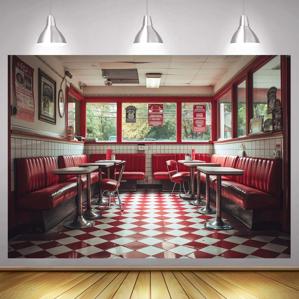 Retro 1950’s diner 50s diner Backdrop Vintage Classic American Fast Food Restaurant Soda Shop 1950s Theme Birthday Party Decor