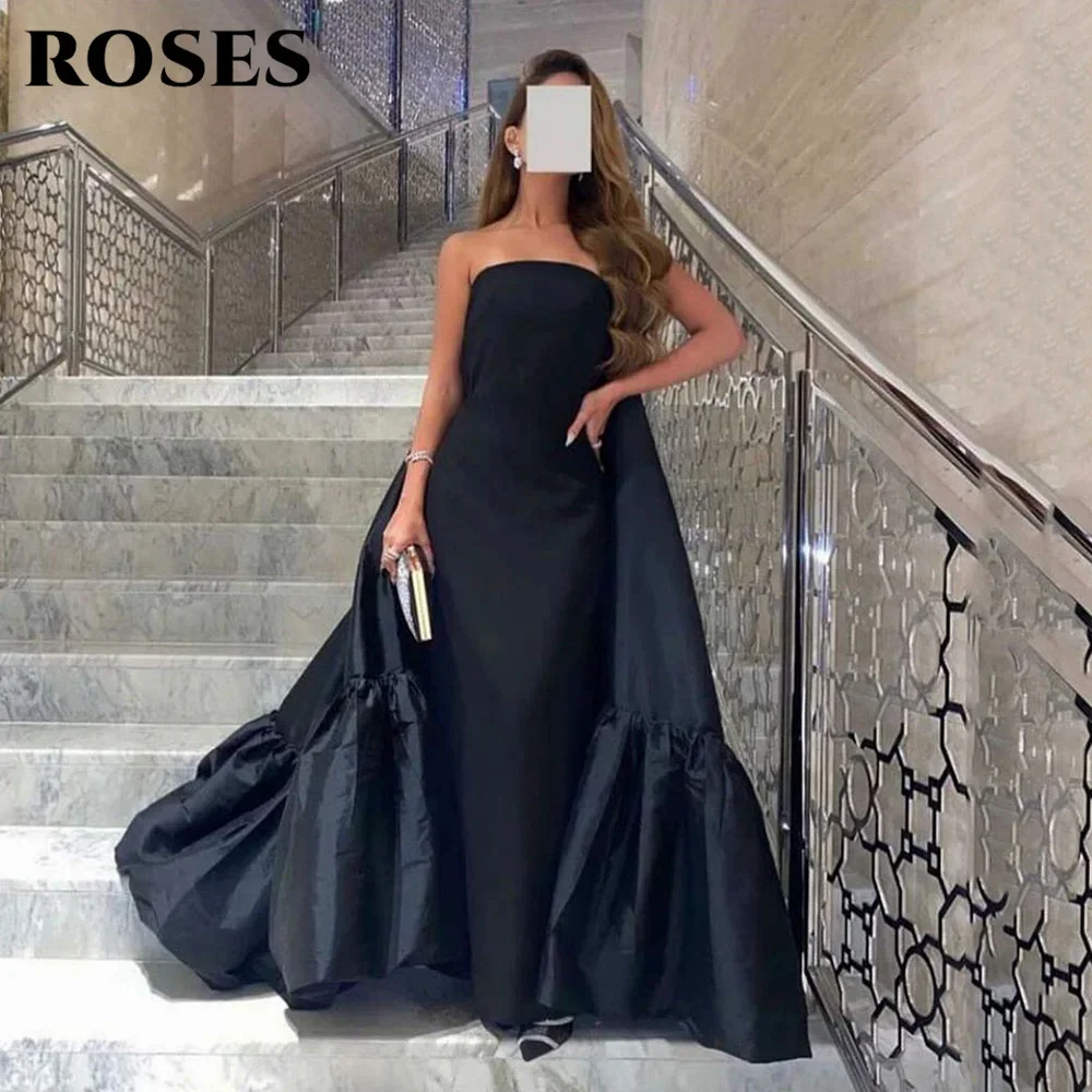 

ROSES Black Evening Dress Strapless Sleeveless Trumpet Satin Party Dress With Detachable Train Prom Dress Floor Length 프롬드레스