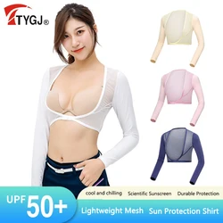 TTYGJ Women Cooling Golf Shawl Sleeves Ice Silk Sunscreen Arm Sleeves Ladies Summer Uv Protection Shirts Golf Cropped Tops