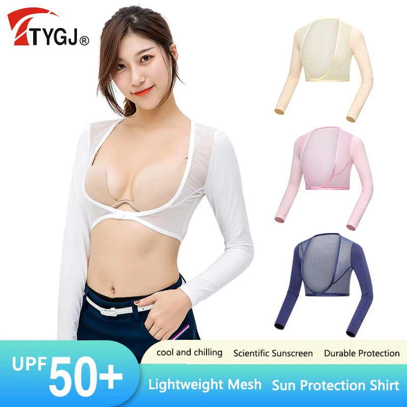 TTYGJ Women Cooling Golf Shawl Sleeves Ice Silk Sunscreen Arm Sleeves Ladies Summer Uv Protection Shirts Golf Cropped Tops
