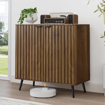 Sideboard-Schrank aus Walnussholz, freistehender Buffetschrank mit geriffelten Türen, Holzschrank für Wohnzimmer, Eingangsbereich, Flur