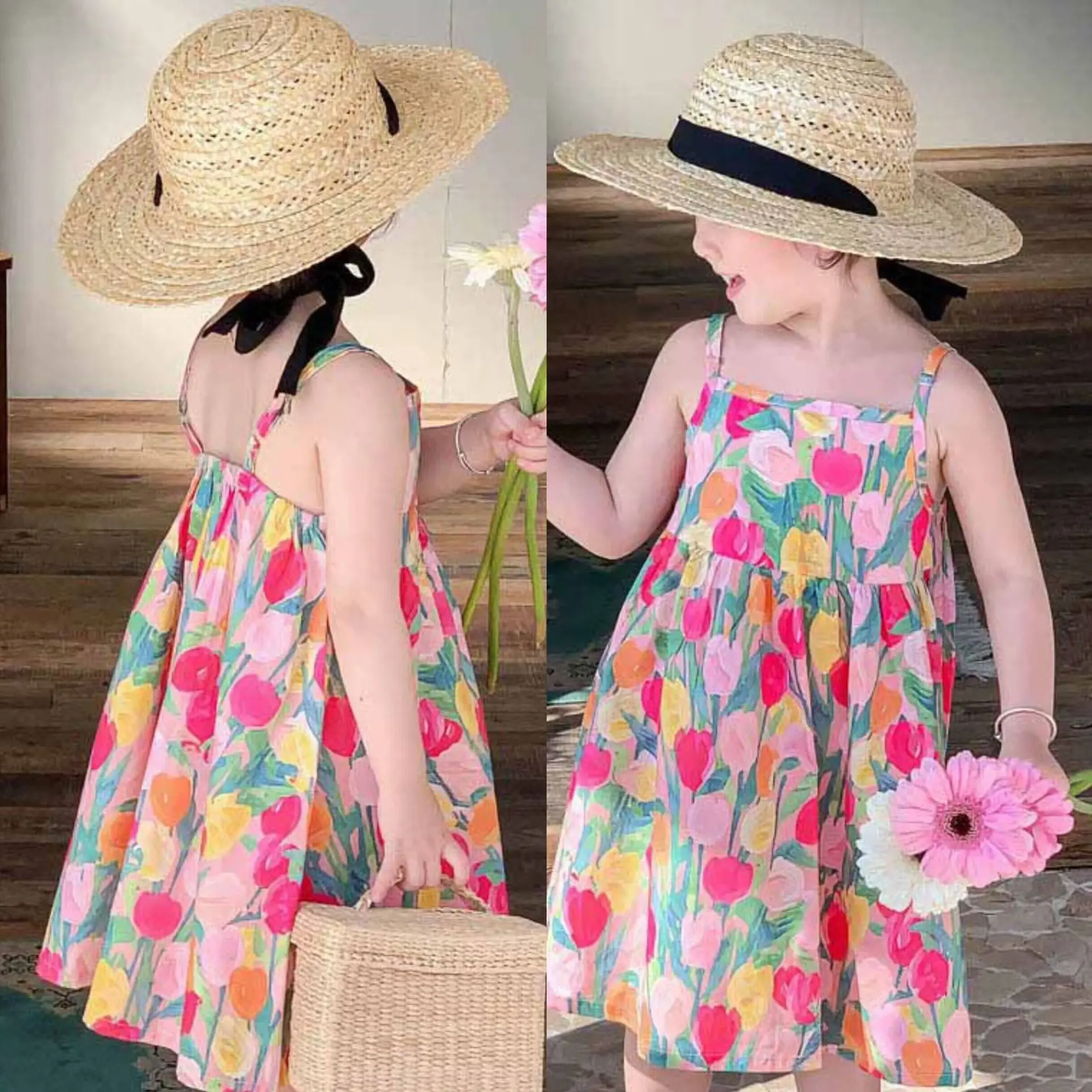 Floral Suspenders Dress for Flower Girl – Girls Casual Wedding Dress with Flower Print, Ages 3-7 Years Kids Dresses for Girls