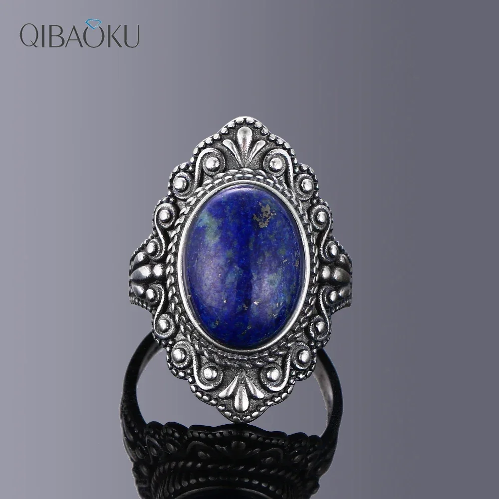 

925 Sterling Silver Ring Vintage Oval Natural Lapis Rings for Women Finger Ring Jewelry Trendy Luxury Rings Party Gift