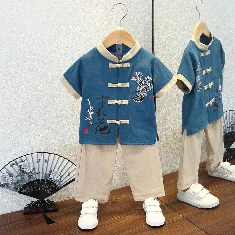 

Boys' Hanfu Summer Thin Chinese Style Tang Style Children's Short sleeved Top+Shorts Cotton Hemp Two Piece Set