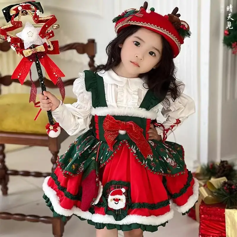 2024 Children Christmas Milu Deer Dresses Print Dress Girls Lolita Princess Dresses Red Cloak Doll Collar Tops Sisters Matching