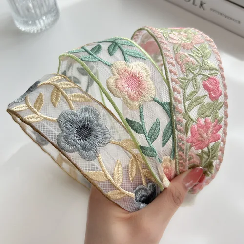 Diadema elegante con flores bordadas para mujer, diadema decorativa para el cabello de gasa dulce, aro para el cabello, accesorios para el cabello a la moda