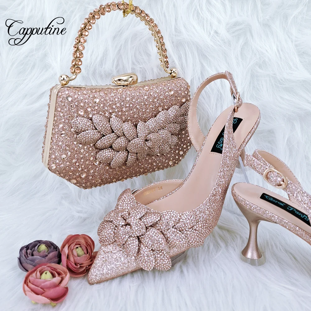 Peach Women Shoes And Bag Set To Match African Ladies Pointed Toe Pumps With Handbag Sandals Clutch Party Sandales Femme QSL083